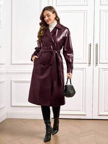 Ellevyn 安哥拉红色 PU 皮革纯色保暖内衬系带长袖长款风衣 - 酒紅色 - 查看 2