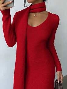 Elenzga Váy len cổ chữ V màu mơ nhạt thanh lịch, đơn giản, thoải mái, phong cách cổ điển kèm khăn tua rua, thích hợp cho việc đi lại và đi chơi vào mùa thu/đông - Đỏ - Xem 9