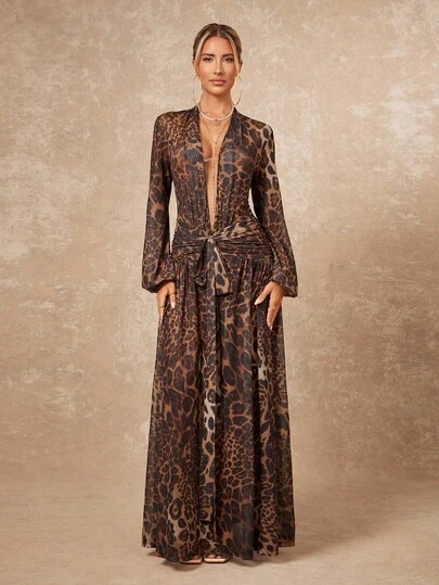 Lumalex Vestido con mangas abullonadas, cuello en V profundo, de gasa con estampado de leopardo y lazo para mujeres