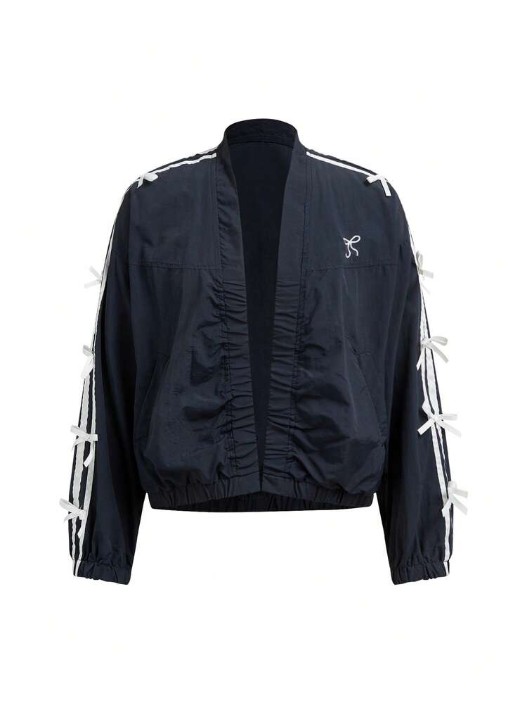 Women's V-Neck Contrast Color Webbing Patchwork With Bow Decor Jacket