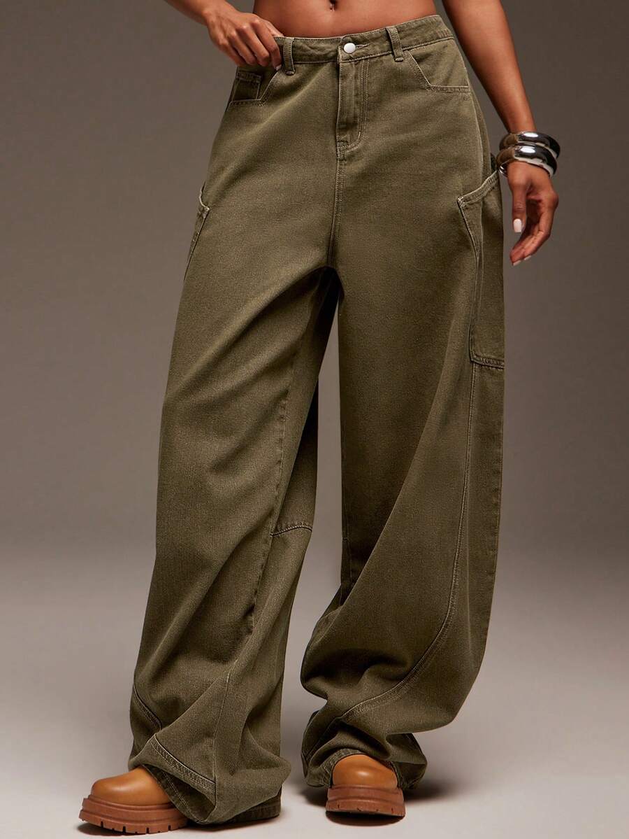 Denimoi Barrel Wide Leg Oversized Back Pockets Baggy Denim Jeans - Olive Green - View 1