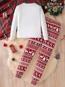 青少年男孩圣诞卡通鹿印花长袖上衣 + 卡通鹿格子长款舒适睡衣 - 白色 - 查看 2