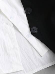 Sweetra 复古法式性感制服风夏季新款翻领二合一收腰修身辣味甜美风女式衬衫 - 黑與白 - 查看 4