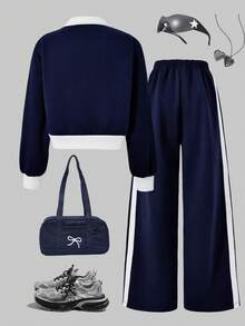 Sparklyn 2件套女童休闲简约户外长袖夹克和阔腿裤 - 寶藍色 - 查看 2