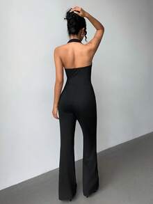 Jeanoix 女式纯色垂领时尚连体衣，带金属环装饰 - 黑色 - 查看 2