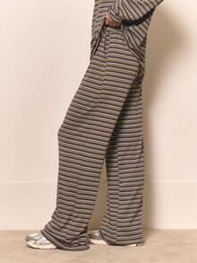 MUSERA 阔腿条纹系带腰裤 可爱酷女孩舒适日常干净女孩休闲田园风复古奶油糖色裤子家居运动裤慢跑裤春夏 - 彩色 - 查看 3