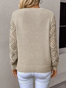 SHEIN Clasi Suéter holgado de manga larga con cuello en V y diseño hueco, de unicolor, versátil y casual, talla grande - Albaricoque - Ver 2