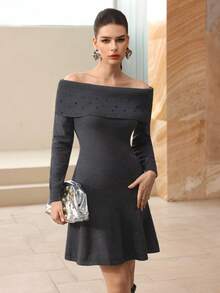 Modelyn Colorful Rhinestone Off Shoulder Women Sweater Dress - Dark Grey - View 3