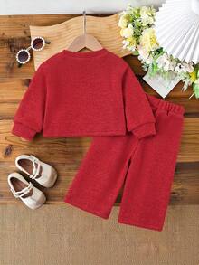 SHEIN 2 Stücke Baby Mädchen Lässig vielseitiges Langarm-Top und Hosen Set, geeignet für Frühling, Herbst und Winter, Alltagskleidung