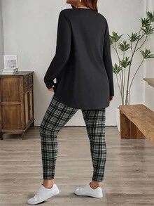 EMERY ROSE Bộ áo thun đen và quần legging kẻ caro dành cho nữ, trang phục mặc nhà mùa đông, quần kẻ caro nữ, bộ đồ mặc nhà 2 mảnh cho nữ, bộ đồ kẻ caro nữ, phong cách thường ngày. - Nhiều màu - Xem 2