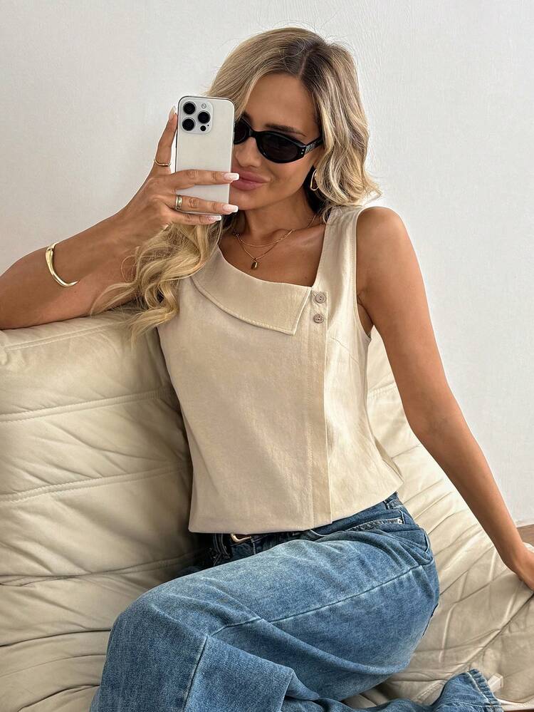 Women's Cotton Crinkle Texture Asymmetric Button Collar Shirt