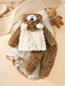 SHEIN 2pcs Newborn Baby & Toddler Cute Cartoon Bear Hooded Outfit, Soft Plush Sweatshirt Set