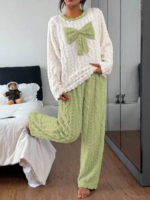 SHEIN Women's Colorblock Textured Fleece Bow Decor Long Sleeve Top & Pants Fluffy Cozy Pajama Clothes Set, Winter