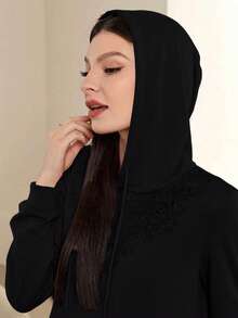 Modelyn 女式秋季简约纯色V领连帽卫衣连衣裙 - 黑色 - 查看 8
