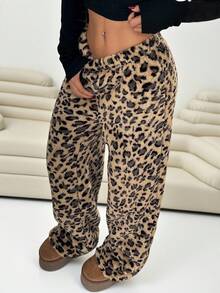 SHEIN EZwear 大码女式豹纹图案简约设计休闲长裤 - 彩色 - 查看 1