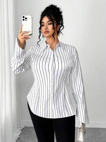 Elenzga Camisa a rayas elegante, casual y versátil para mujer de talla grande, adecuada para primavera y otoño - Blanco - Ver 1