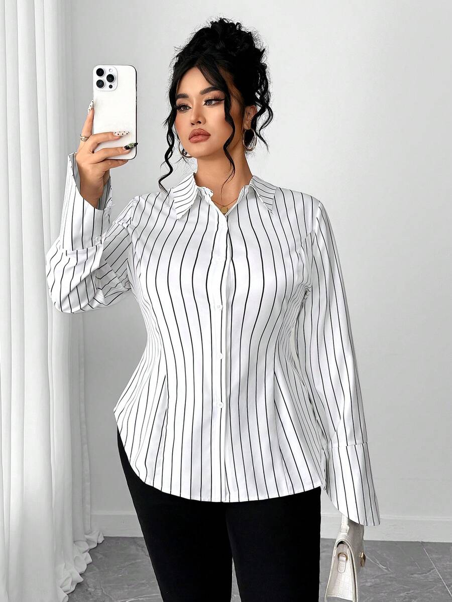 Elenzga Camisa a rayas elegante, casual y versátil para mujer de talla grande, adecuada para primavera y otoño - Blanco - Ver 1