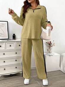 EMERY ROSE Plus Size Black Autumn Casual Curve Loungewear Zip Collar Soft Knit Ribbed Side Contrast Splice Lantern Sleeve T-Shirt&Wide Leg Pants 2-Piece Set - Multicolor - View 4