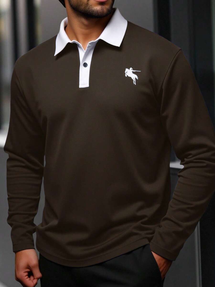 Manfinity Homme Kemeja Polo Lengan Panjang Kerah Kontras Kasual Pria Ukuran Besar, Musim Gugur - Coffee Brown - View 1