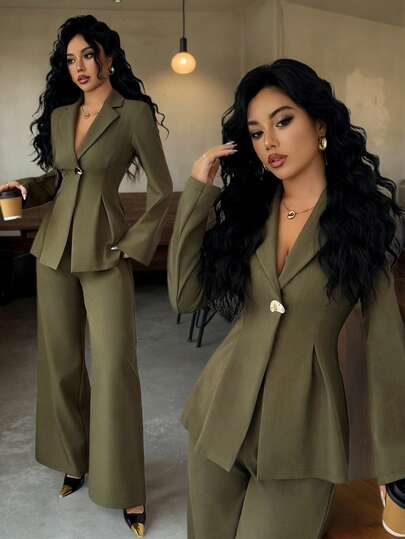 Gloray 女式简约纯色翻领收腰西装外套和阔腿西装裤套装，办公室/通勤
