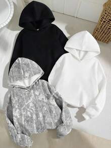 SHEIN 3pcs/Set Tween Girl Loose Casual Grey & Black Leaf Print Soft Comfortable Sweatshirt Set Fall Winter - Multicolor - View 4