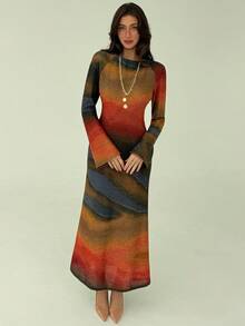 Aloruh Women's Elegant Ombre Flare Sleeve Fitted Mermaid Hem Dress, Vacation Style, Spring/Autumn - Multicolor - View 5