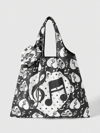 Kawaii Large Capacity Foldable Tote Bag With Heart & Music Note Pattern, Portable Shopping Bag With Coin Purse