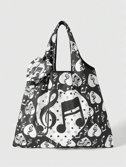 Kawaii Large Capacity Foldable Tote Bag With Heart & Music Note Pattern, Portable Shopping Bag With Coin Purse