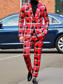 Calvornis Men's Casual Red And White Plaid Single-Breasted Suit Jacket And Pants Set,Autumn Summer Techno Party Rave Christmas Costumes Blazer And Pants Set - Red - View 1