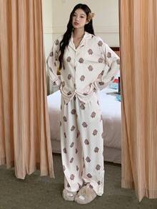 DAZY Chicken Print All-Over Women Pajama Set, Winter Clothes - Khaki - View 5