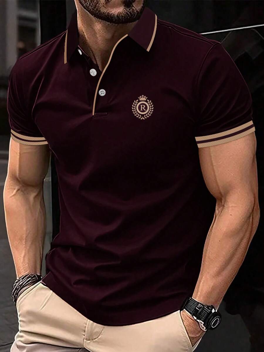 Manfinity Homme 男士酒紅色休閒夏季 Polo 衫,老錢風拼接條紋高爾夫球衫,刺繡細節棕色商務通勤時尚 T 恤,正式款 - 棕色 - 查看 1
