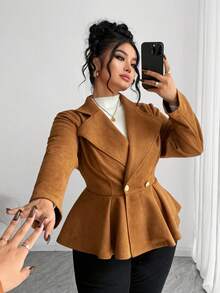 Elenzga Plus Size Women Elegant Lapel Waist Flared Solid Color Faux Suede Autumn/Winter Blazer - Brown - View 1