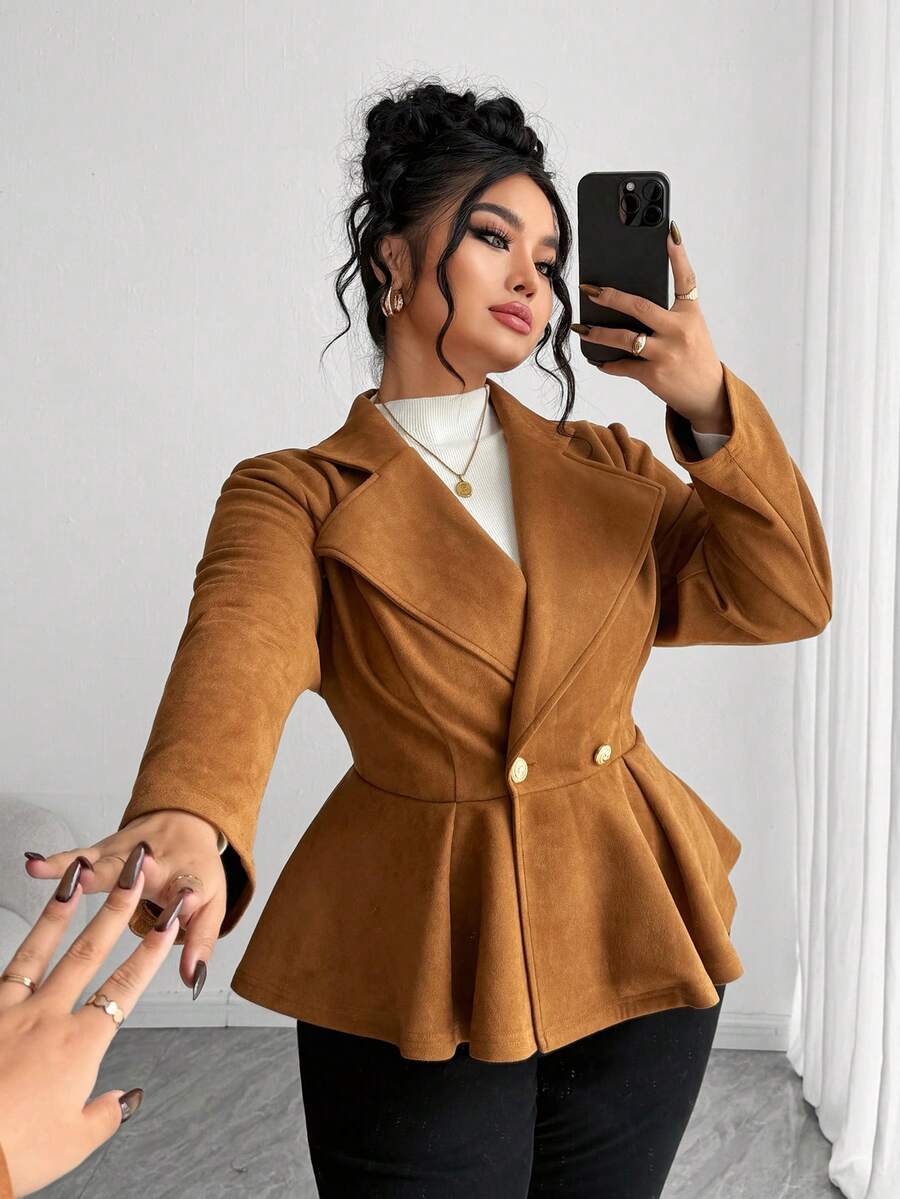 Elenzga Plus Size Women Elegant Lapel Waist Flared Solid Color Faux Suede Autumn/Winter Blazer - Brown - View 1
