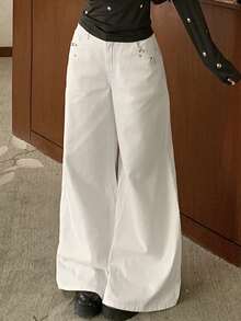 DAZY Quần jeans ống rộng khoét lỗ kim loại thời trang đường phố dành cho nữ, mùa thu - trắng - Xem 6