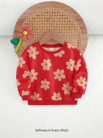 Cozy Pixies Babyflicka Färgglad Blommig Mjuk Stickad Nedsänkt Axel Rund Halsringning Tröja