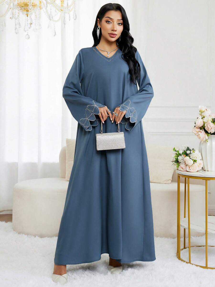 Al Najma Váy dài thanh lịch phong cách Ả Rập đính đá và bướm thêu - Màu xanh lam - Xem 1