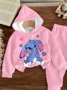 SHEIN Conjunto de 2 peças/conjunto de moletom e moletom com capuz e calça de moletom, fofo, desenho animado, coelho azul, Lulu, menina, ajuste solto, confortável, casual, adequado para outono/inverno, estilo esportivo casual, piquenique ao ar livre, fotografia de rua, roupa para casa - Multicolorido - Ver 4