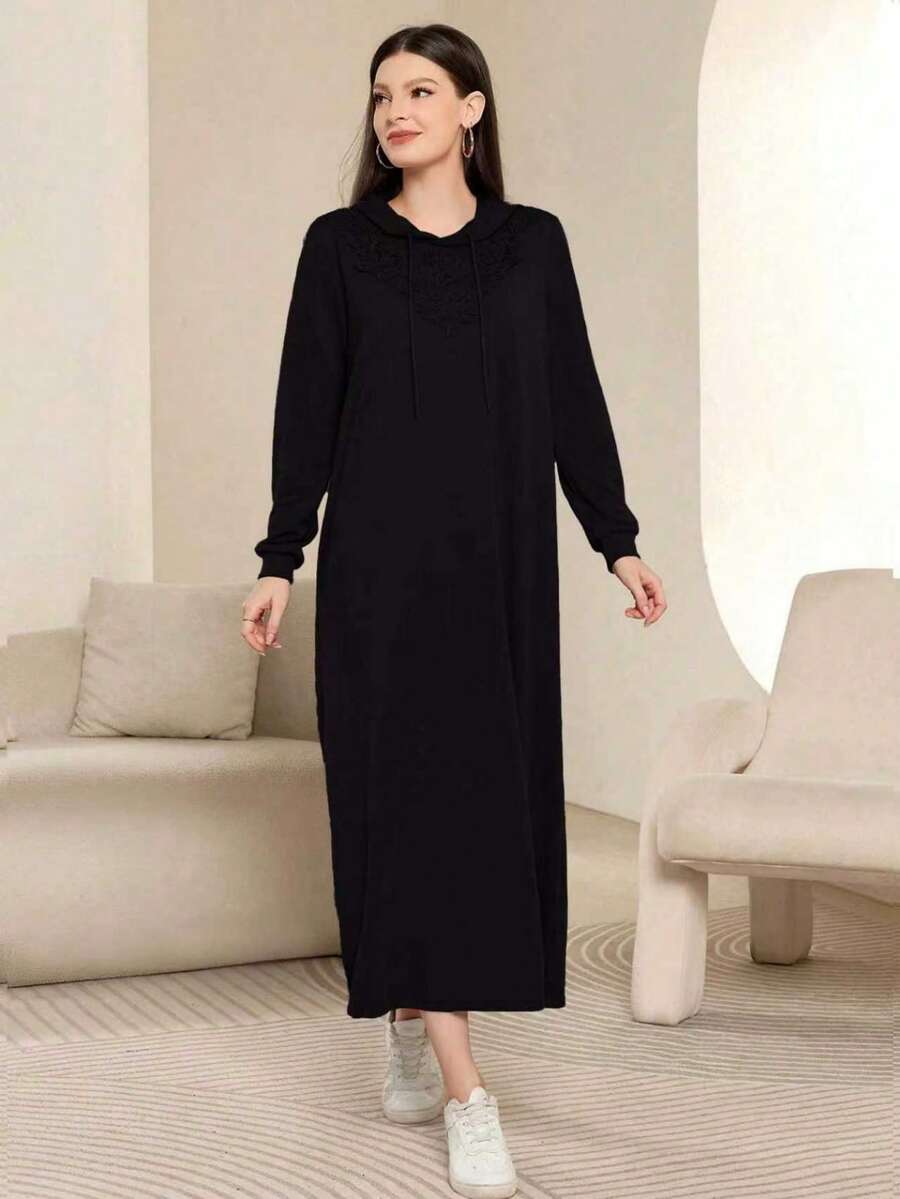 Modelyn 女式秋季简约纯色V领连帽卫衣连衣裙 - 黑色 - 查看 1