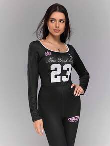 Teen Girl Letter Print Crew Neck Fitted Long Sleeve Jumpsuit - Black - View 3