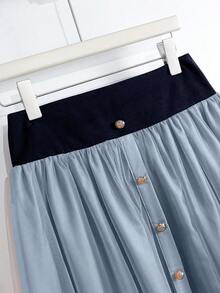 GlowEve 女士优雅网眼拼布纽扣装饰休闲通勤裙 - 淺藍色 - 查看 5