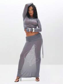 BABYPHAT Chân váy dài chấm đất lưới xếp nếp đính đá lấp lánh - Màu Xám nhạt - Xem 4