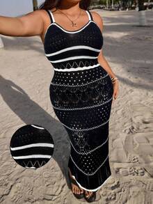 GalTyme Plus Size Casual Colorblock Striped Knit Cami Dress - Black - View 9