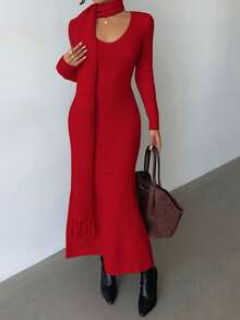 Elenzga Váy len cổ chữ V màu mơ nhạt thanh lịch, đơn giản, thoải mái, phong cách cổ điển kèm khăn tua rua, thích hợp cho việc đi lại và đi chơi vào mùa thu/đông - Đỏ - Xem 4