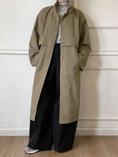 DAZY 女士宽松高领长袖休闲长款风衣，纯色，秋冬款