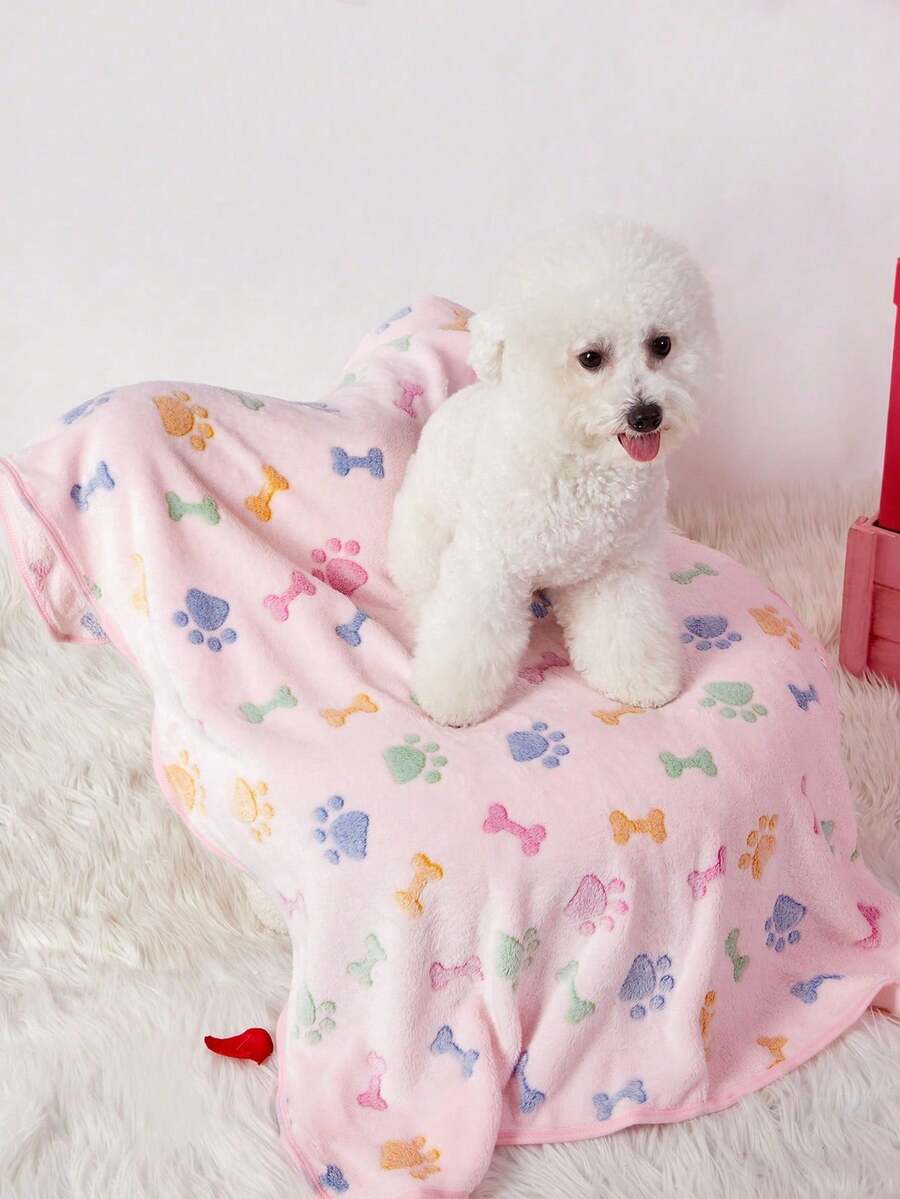 PETSIN 1pc Cute Paw Print & Bone Pattern Reversible Warm Pet Blanket, Suitable For Cats And Dogs
