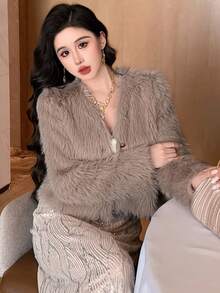 DAZY Women's Elegant Solid Color Cropped Jacket, Autumn/Winter - Camel - View 7