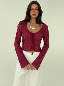 Aloruh Burgundy Sexy Sheer Long Sleeve Tie-Up Fitted Textured Sequin Fuzzy Women Top, Autumn/Winter - Burgundy - View 2