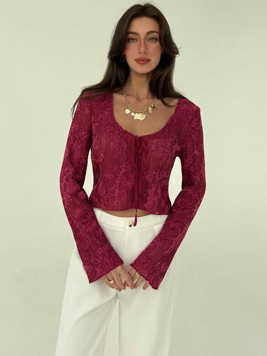 Aloruh Burgundy Sexy Sheer Long Sleeve Tie-Up Fitted Textured Sequin Fuzzy Women Top, Autumn/Winter