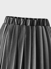 SHEIN 2 件套年轻女孩深色条纹西装外套和松紧腰百褶裙套装，星期三亚当斯风格，秋季休闲装