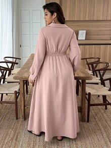 SHEIN LUNE Đầm sơ mi tay dài màu trơn thiết kế xoắn cỡ lớn cho nữ - Bụi hồng - Xem 2